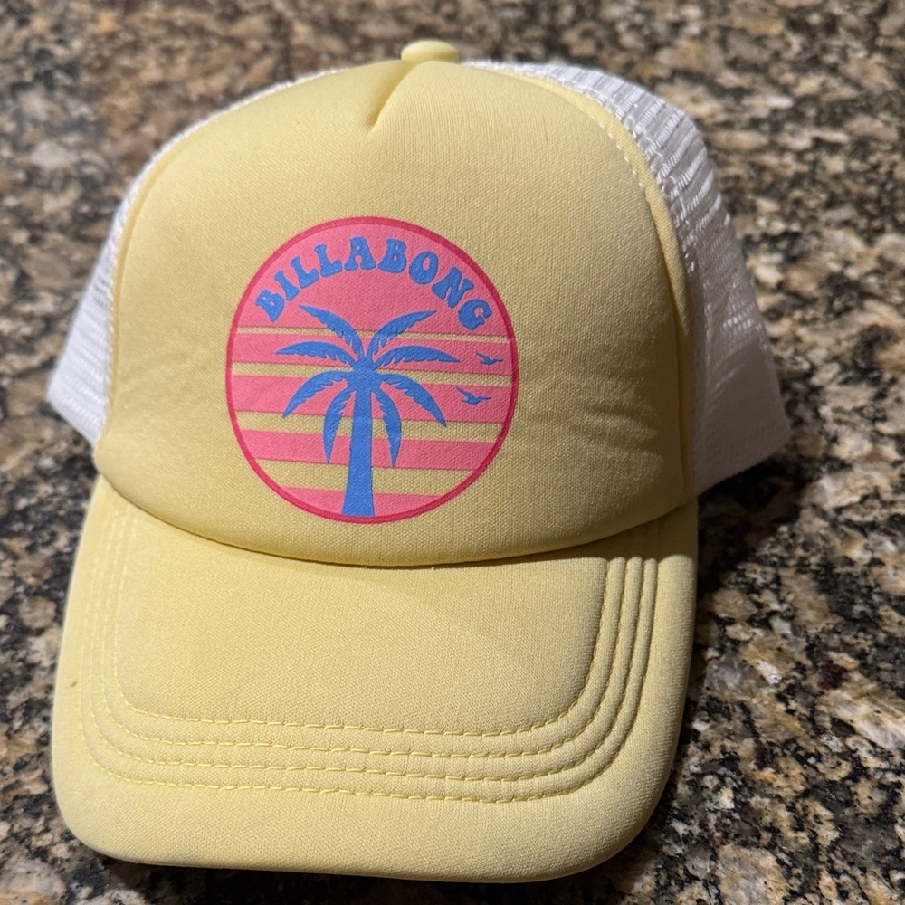 Billabong Kids Yellow and White Trucker Hat with Pink & Blue Palm Logo